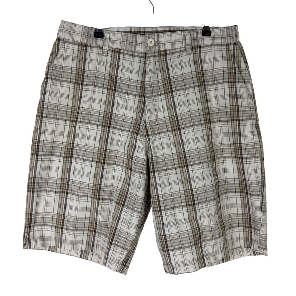 Burnside Men's 36 Plaid Shorts Brown Tan Flat Front Casual Back Leg Pocket